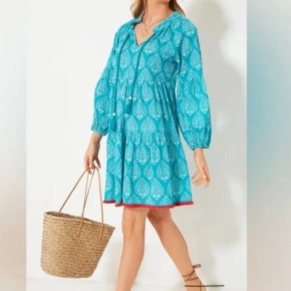 NWT Tuckernuck Tropical Teal Blue Lantern Caftan Cotton Dress M - Picture 2 of 8